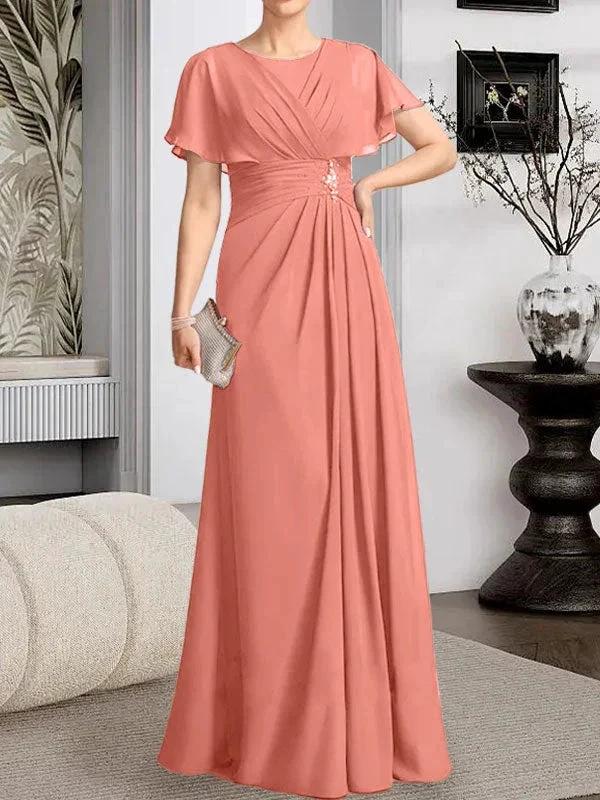 A-line Scoop Floor-Length Chiffon Mother of the Bride Dress With Pleated Beading - Image 14