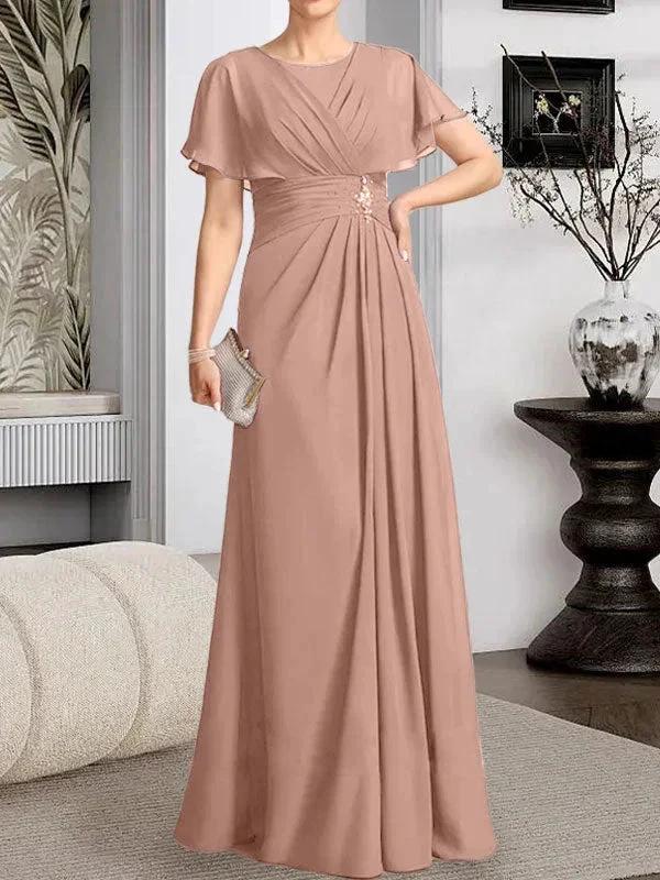 A-line Scoop Floor-Length Chiffon Mother of the Bride Dress With Pleated Beading - Image 15