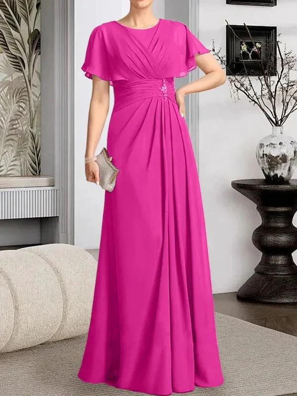 A-line Scoop Floor-Length Chiffon Mother of the Bride Dress With Pleated Beading - Image 16