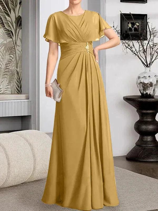 A-line Scoop Floor-Length Chiffon Mother of the Bride Dress With Pleated Beading - Image 17