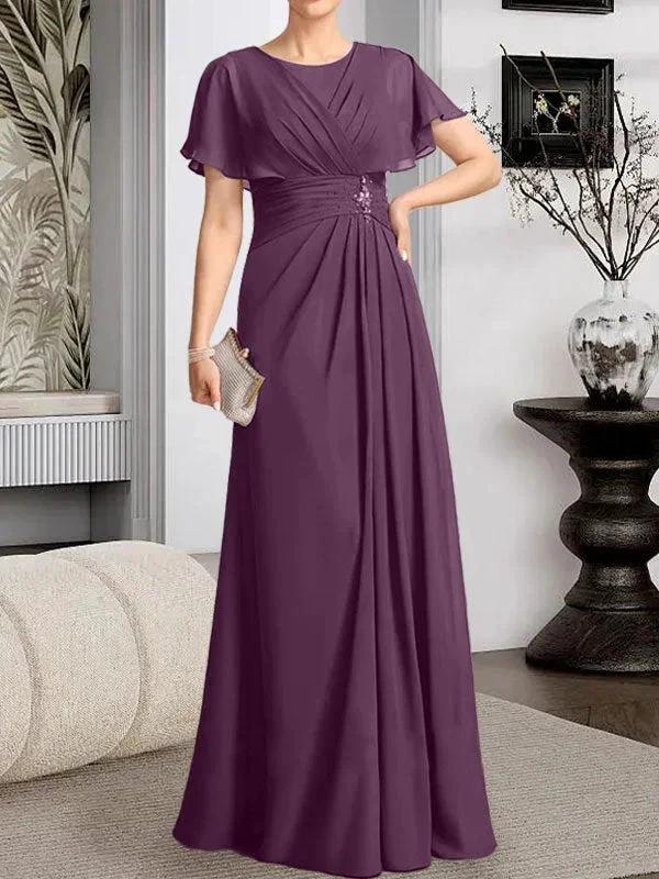 A-line Scoop Floor-Length Chiffon Mother of the Bride Dress With Pleated Beading - Image 18