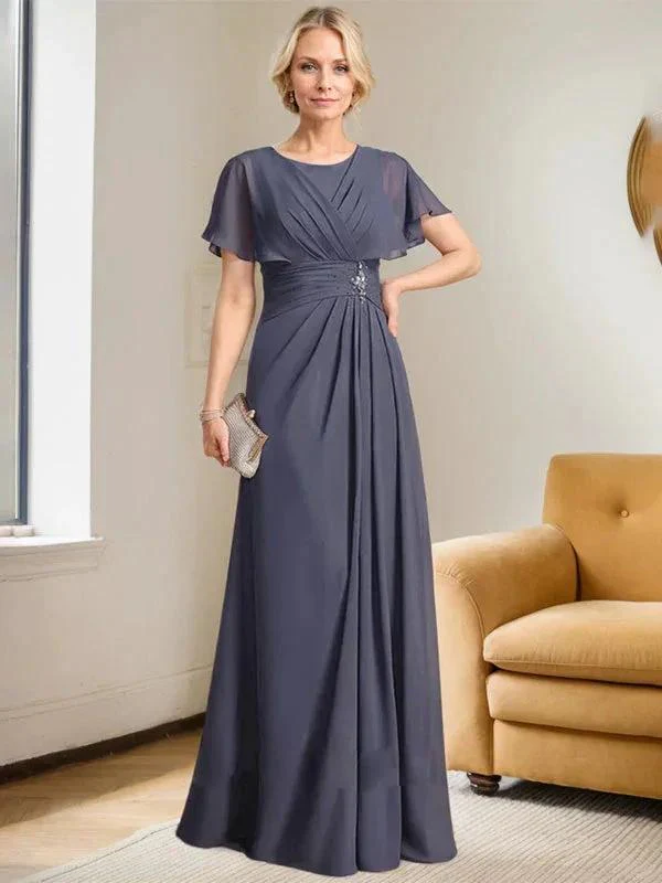 A-line Scoop Floor-Length Chiffon Mother of the Bride Dress With Pleated Beading - Image 2