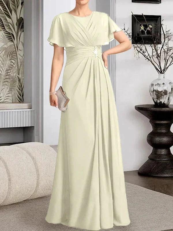 A-line Scoop Floor-Length Chiffon Mother of the Bride Dress With Pleated Beading - Image 20