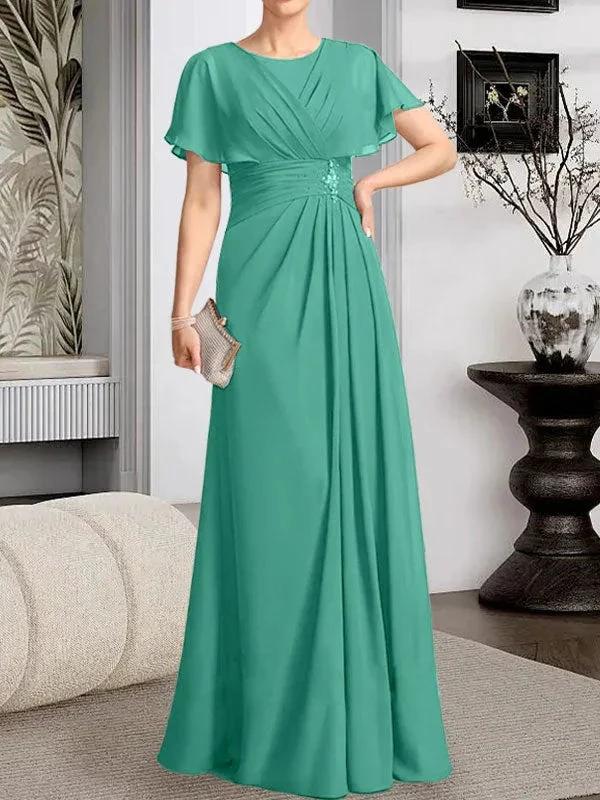 A-line Scoop Floor-Length Chiffon Mother of the Bride Dress With Pleated Beading - Image 21