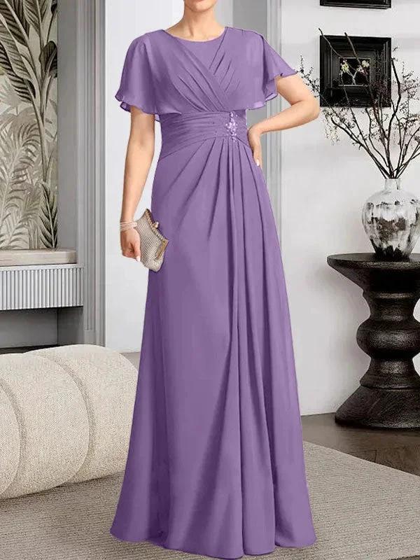 A-line Scoop Floor-Length Chiffon Mother of the Bride Dress With Pleated Beading - Image 23