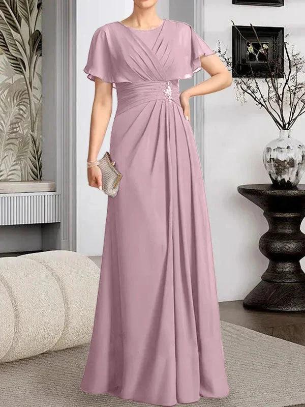 A-line Scoop Floor-Length Chiffon Mother of the Bride Dress With Pleated Beading - Image 24
