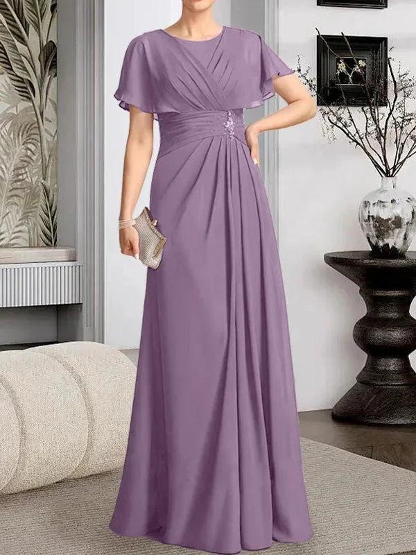 A-line Scoop Floor-Length Chiffon Mother of the Bride Dress With Pleated Beading - Image 25