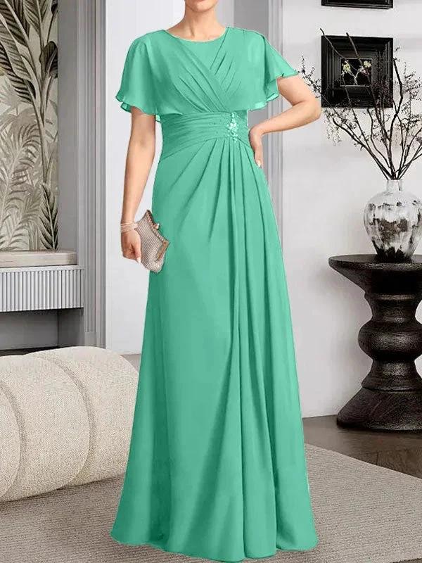 A-line Scoop Floor-Length Chiffon Mother of the Bride Dress With Pleated Beading - Image 26