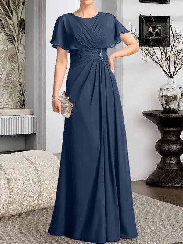 A-line Scoop Floor-Length Chiffon Mother of the Bride Dress With Pleated Beading - Image 27