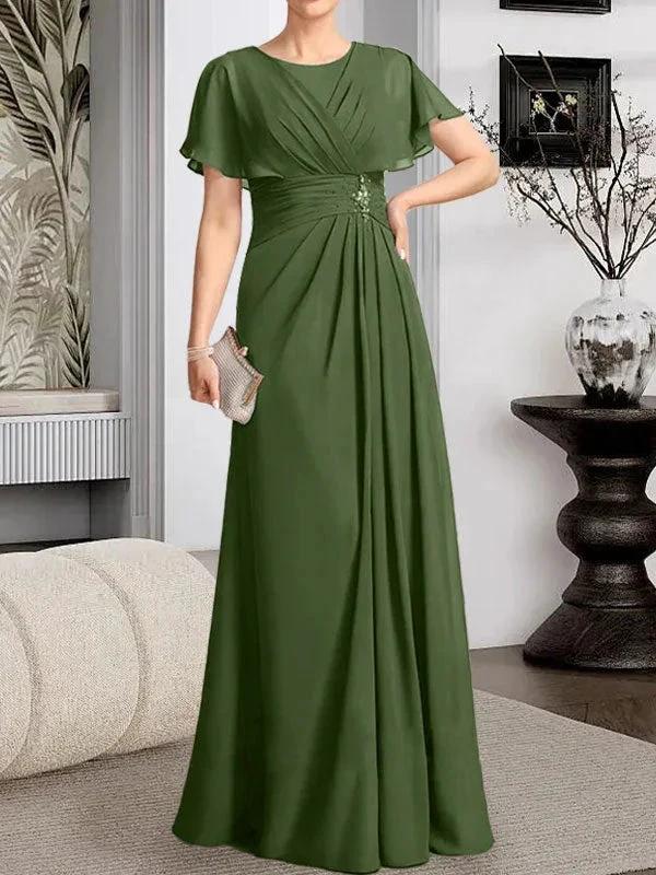 A-line Scoop Floor-Length Chiffon Mother of the Bride Dress With Pleated Beading - Image 28