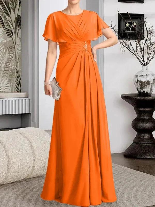 A-line Scoop Floor-Length Chiffon Mother of the Bride Dress With Pleated Beading - Image 29