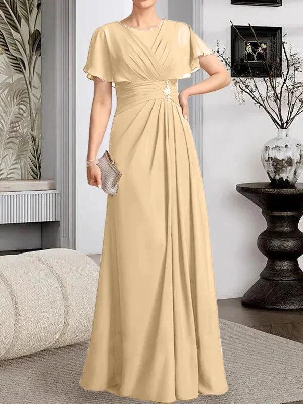 A-line Scoop Floor-Length Chiffon Mother of the Bride Dress With Pleated Beading - Image 30