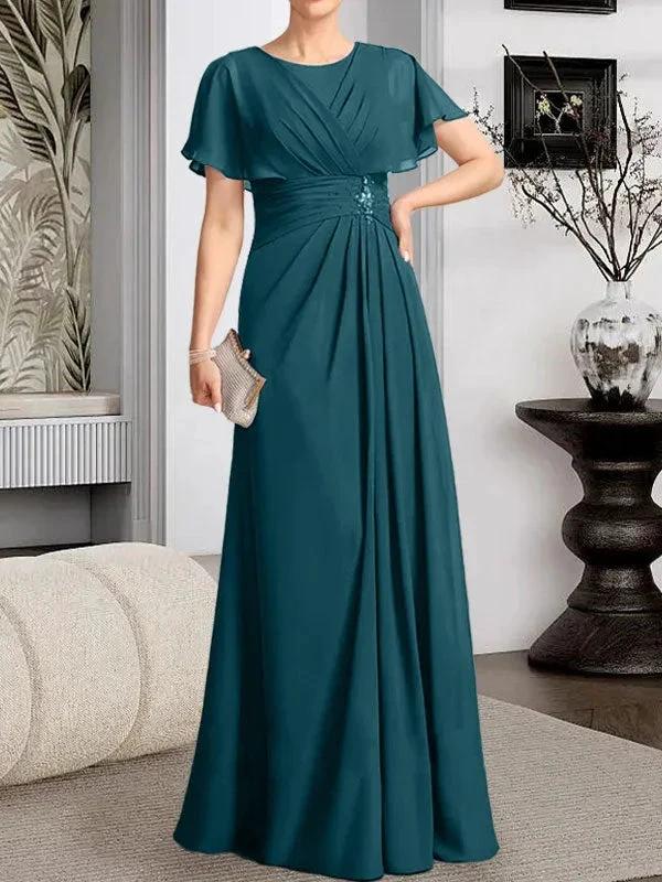 A-line Scoop Floor-Length Chiffon Mother of the Bride Dress With Pleated Beading - Image 31