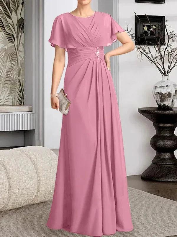 A-line Scoop Floor-Length Chiffon Mother of the Bride Dress With Pleated Beading - Image 32