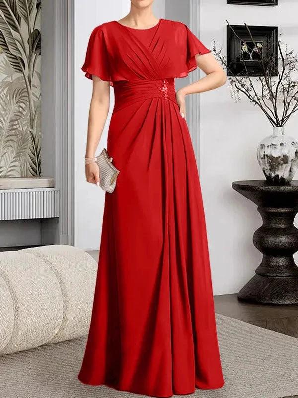 A-line Scoop Floor-Length Chiffon Mother of the Bride Dress With Pleated Beading - Image 33