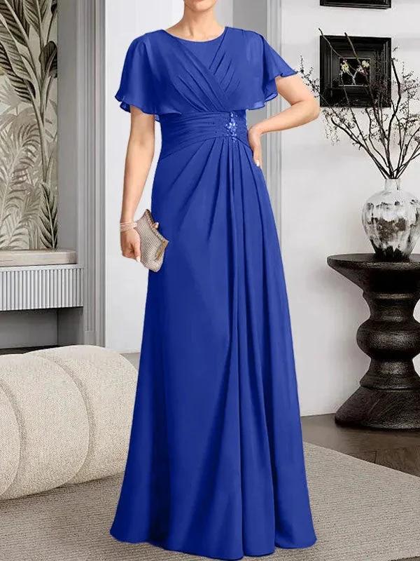 A-line Scoop Floor-Length Chiffon Mother of the Bride Dress With Pleated Beading - Image 34