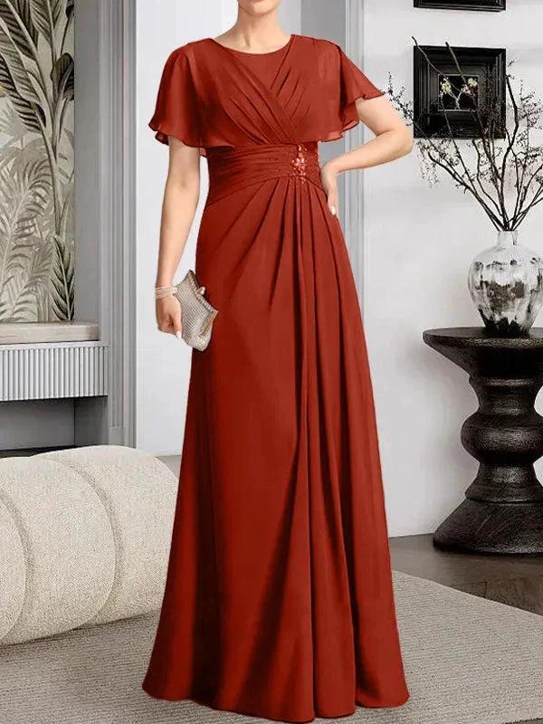A-line Scoop Floor-Length Chiffon Mother of the Bride Dress With Pleated Beading - Image 35