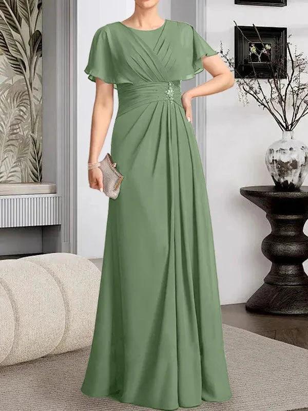 A-line Scoop Floor-Length Chiffon Mother of the Bride Dress With Pleated Beading - Image 36