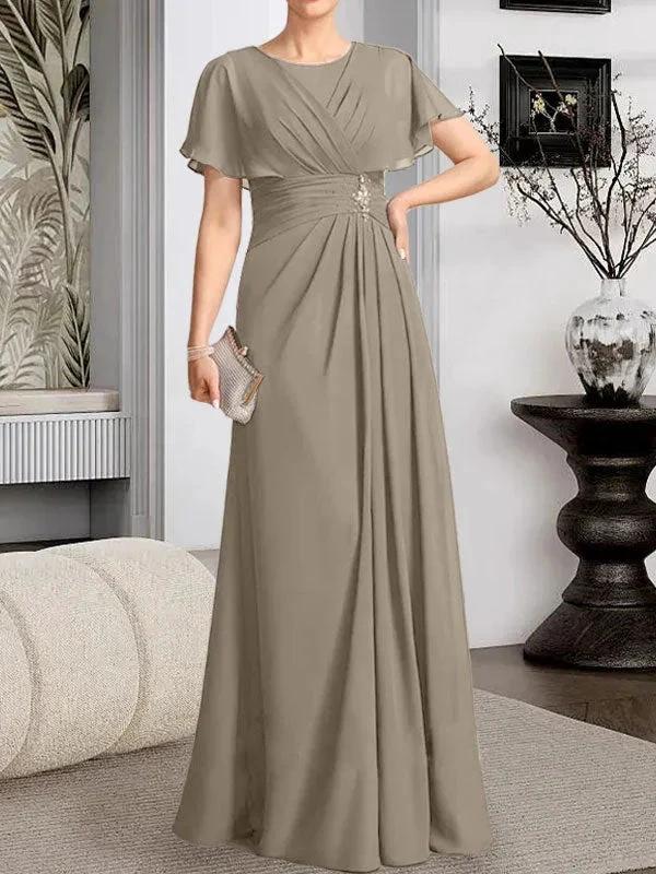 A-line Scoop Floor-Length Chiffon Mother of the Bride Dress With Pleated Beading - Image 37
