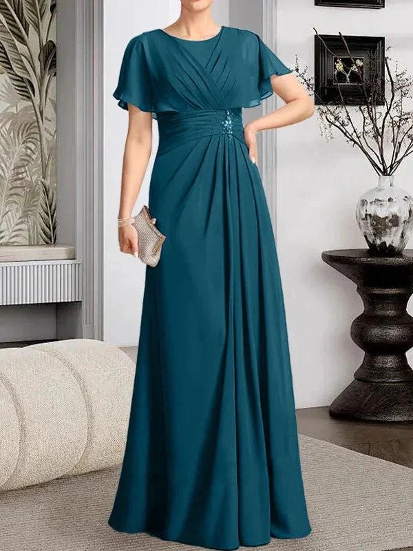 A-line Scoop Floor-Length Chiffon Mother of the Bride Dress With Pleated Beading - Image 38