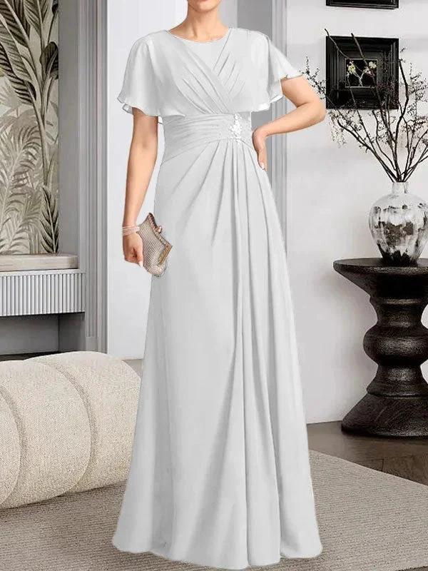 A-line Scoop Floor-Length Chiffon Mother of the Bride Dress With Pleated Beading - Image 39