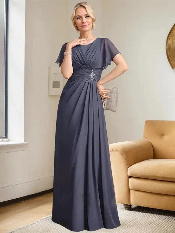 A-line Scoop Floor-Length Chiffon Mother of the Bride Dress With Pleated Beading - Image 4