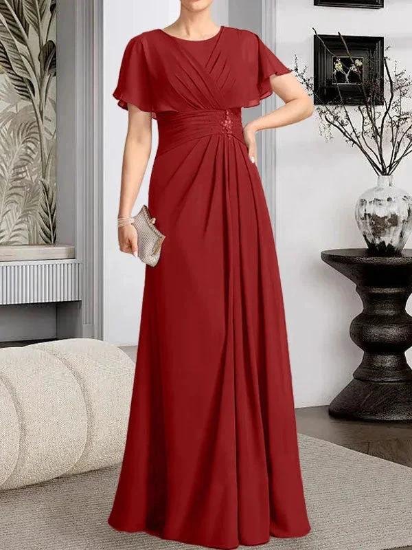 A-line Scoop Floor-Length Chiffon Mother of the Bride Dress With Pleated Beading - Image 40