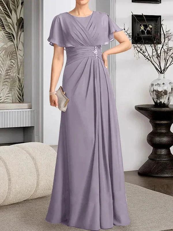 A-line Scoop Floor-Length Chiffon Mother of the Bride Dress With Pleated Beading - Image 41