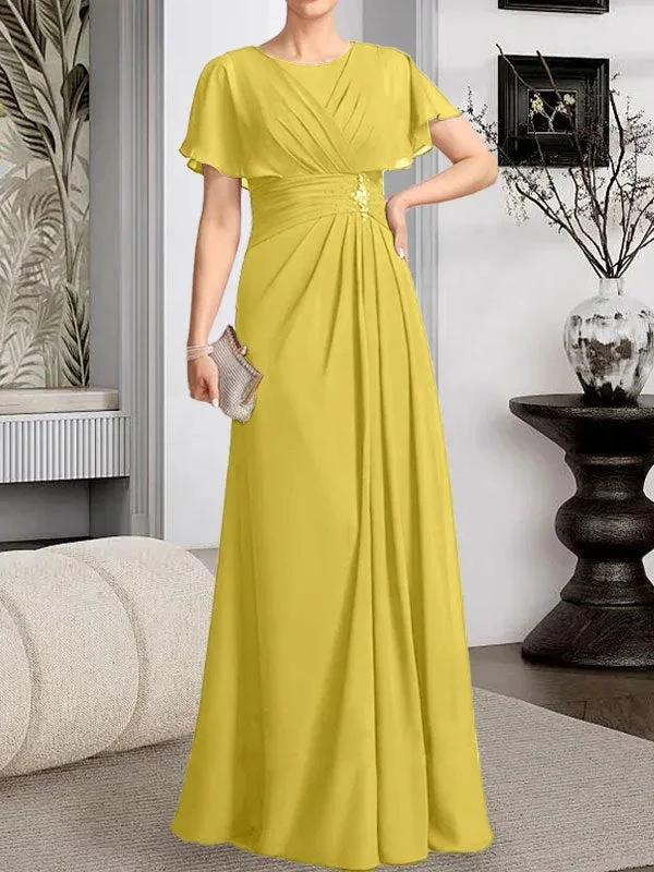 A-line Scoop Floor-Length Chiffon Mother of the Bride Dress With Pleated Beading - Image 42