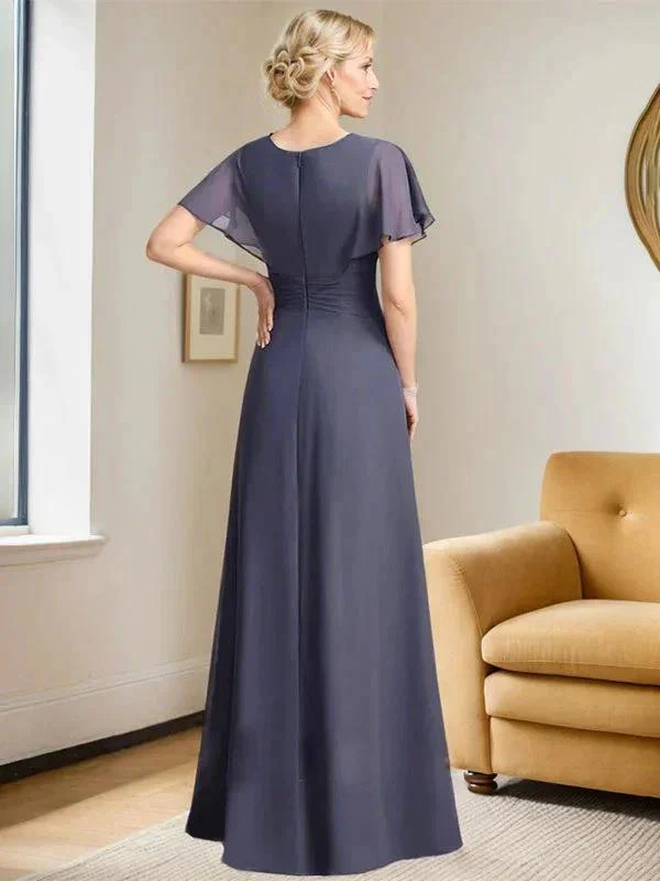 A-line Scoop Floor-Length Chiffon Mother of the Bride Dress With Pleated Beading - Image 5