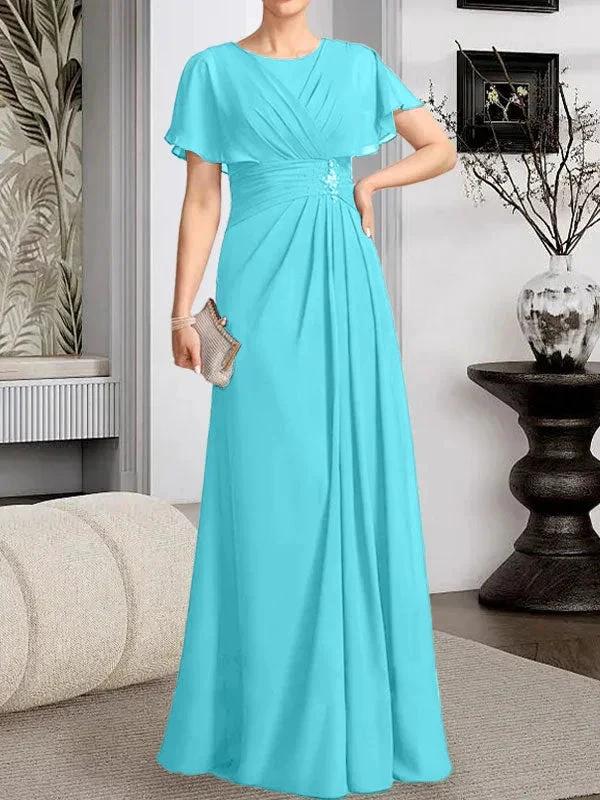 A-line Scoop Floor-Length Chiffon Mother of the Bride Dress With Pleated Beading - Image 7