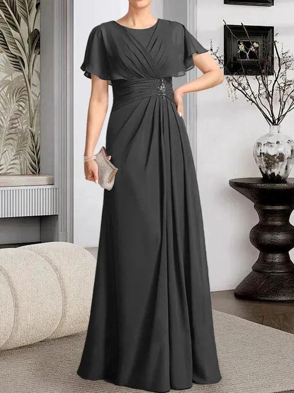 A-line Scoop Floor-Length Chiffon Mother of the Bride Dress With Pleated Beading - Image 8