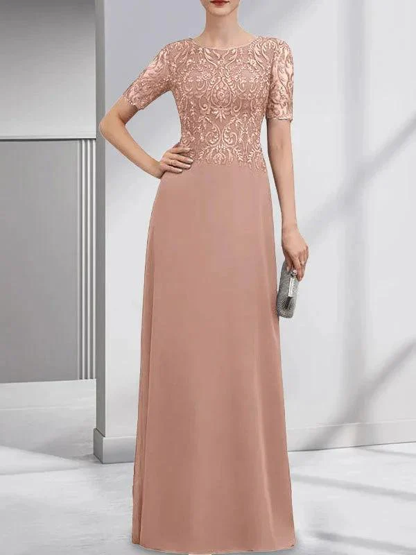 A-line Scoop Floor-Length Lace Chiffon Mother of the Bride Dress With Sequins - Image 18
