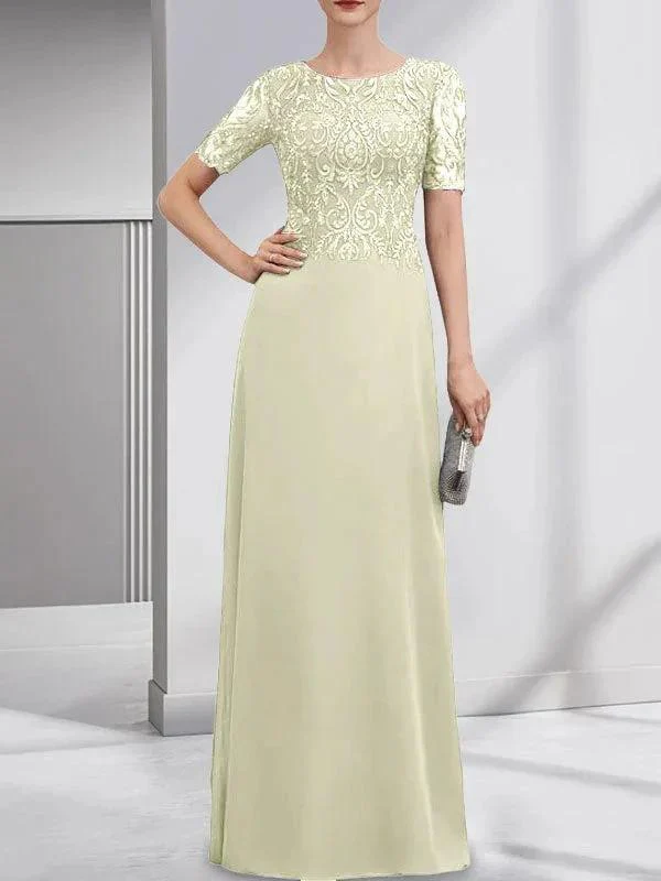 A-line Scoop Floor-Length Lace Chiffon Mother of the Bride Dress With Sequins - Image 23