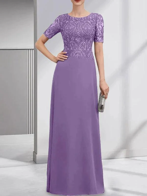 A-line Scoop Floor-Length Lace Chiffon Mother of the Bride Dress With Sequins - Image 26