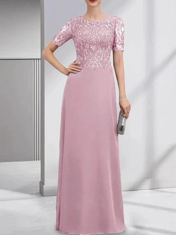 A-line Scoop Floor-Length Lace Chiffon Mother of the Bride Dress With Sequins - Image 27