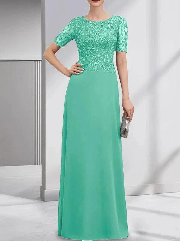 A-line Scoop Floor-Length Lace Chiffon Mother of the Bride Dress With Sequins - Image 29