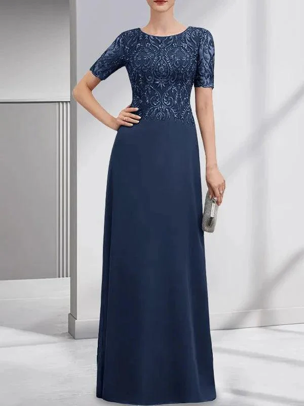 A-line Scoop Floor-Length Lace Chiffon Mother of the Bride Dress With Sequins - Image 30