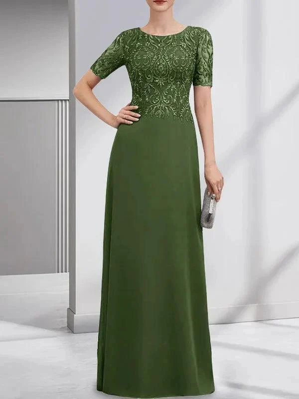 A-line Scoop Floor-Length Lace Chiffon Mother of the Bride Dress With Sequins - Image 31