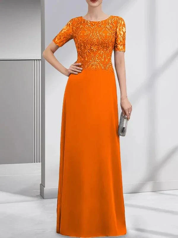 A-line Scoop Floor-Length Lace Chiffon Mother of the Bride Dress With Sequins - Image 32