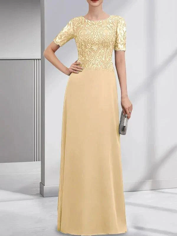 A-line Scoop Floor-Length Lace Chiffon Mother of the Bride Dress With Sequins - Image 33