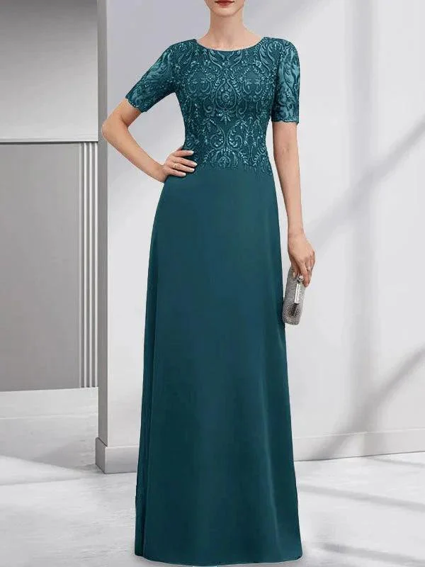 A-line Scoop Floor-Length Lace Chiffon Mother of the Bride Dress With Sequins - Image 34