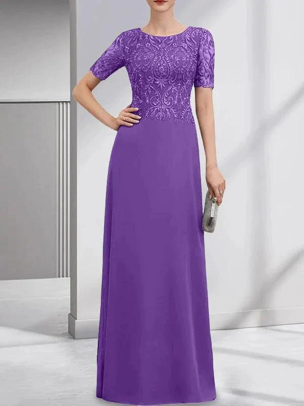 A-line Scoop Floor-Length Lace Chiffon Mother of the Bride Dress With Sequins - Image 36