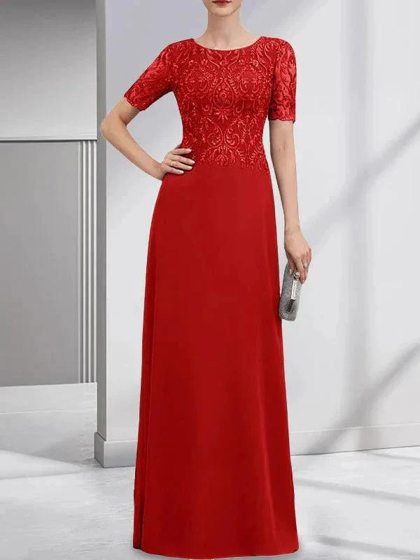 A-line Scoop Floor-Length Lace Chiffon Mother of the Bride Dress With Sequins - Image 37