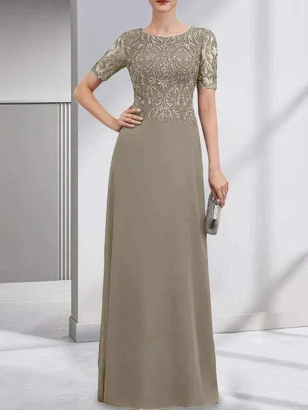 A-line Scoop Floor-Length Lace Chiffon Mother of the Bride Dress With Sequins - Image 41