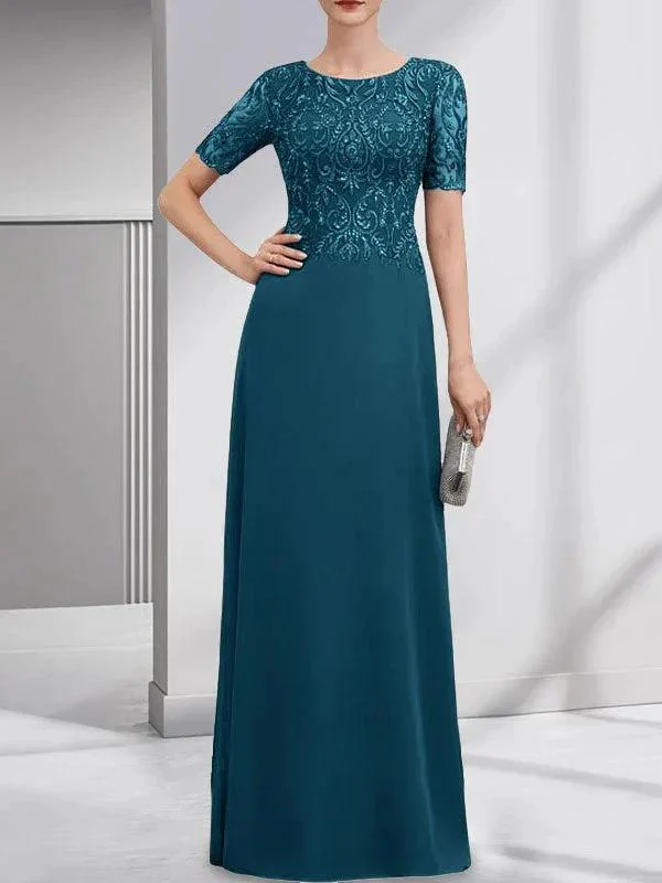 A-line Scoop Floor-Length Lace Chiffon Mother of the Bride Dress With Sequins - Image 42