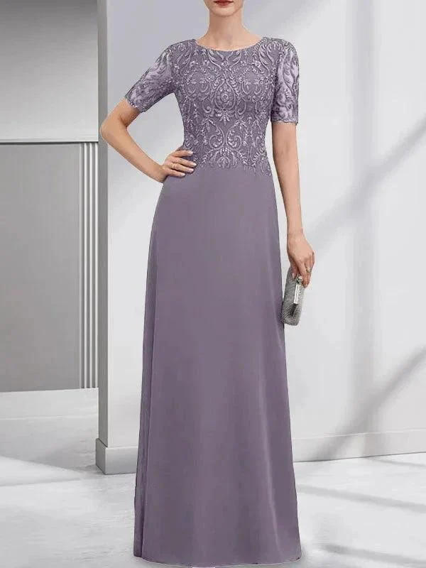 A-line Scoop Floor-Length Lace Chiffon Mother of the Bride Dress With Sequins - Image 46