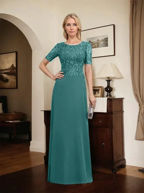 A-line Scoop Floor-Length Lace Chiffon Mother of the Bride Dress With Sequins - Image 53