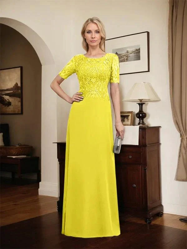A-line Scoop Floor-Length Lace Chiffon Mother of the Bride Dress With Sequins - Image 55
