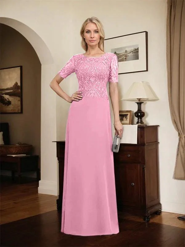 A-line Scoop Floor-Length Lace Chiffon Mother of the Bride Dress With Sequins - Image 56